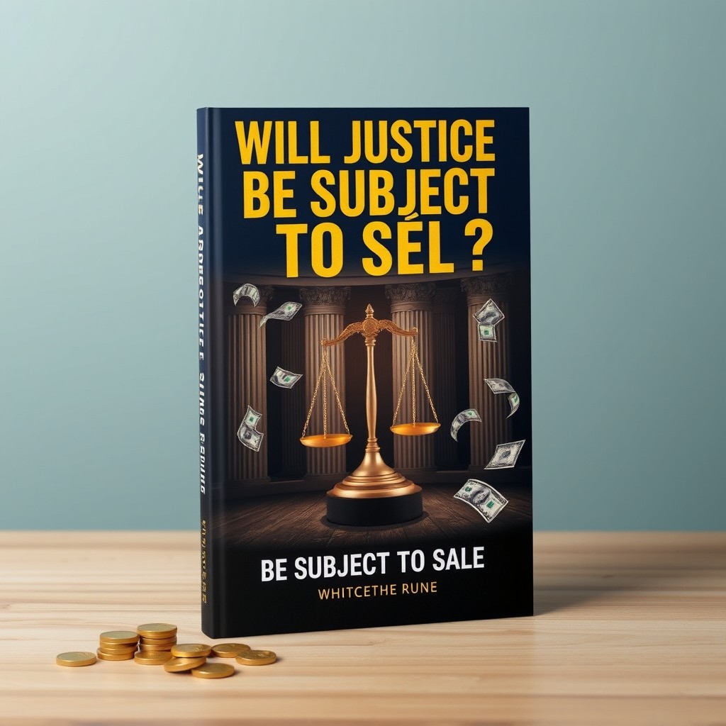 Will Justice Be Subject to Sale, an eye-catching book cover design that encapsulates the conflict between justice and commerce