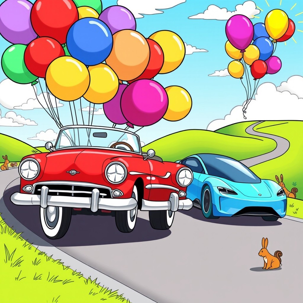 A vibrant and fun scene featuring both vintage classic cars and sleek modern vehicles, designed for children to color