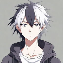 Anime-style 16/17 year old boy with half black, half white hair