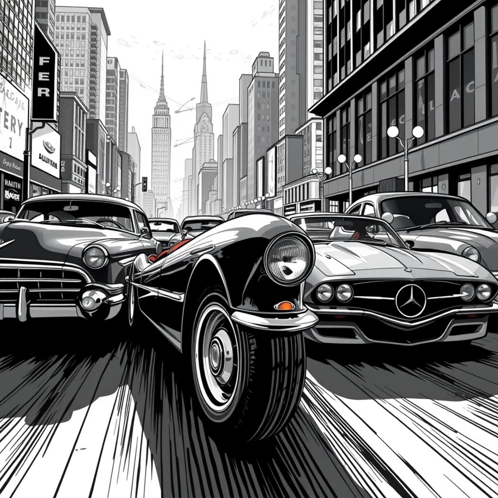 An incredible black and white illustration showcasing a blend of vintage cars and modern cars in a dynamic urban environment