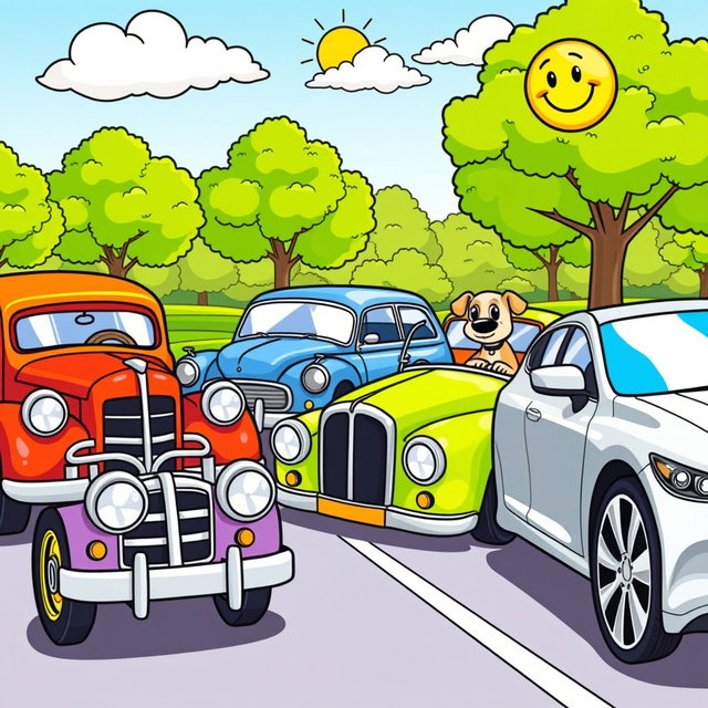A delightful cartoon scene featuring a mix of classic vintage cars alongside sleek modern cars, all designed for children to color