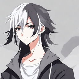 Anime-style 16/17 year old boy with half black, half white hair