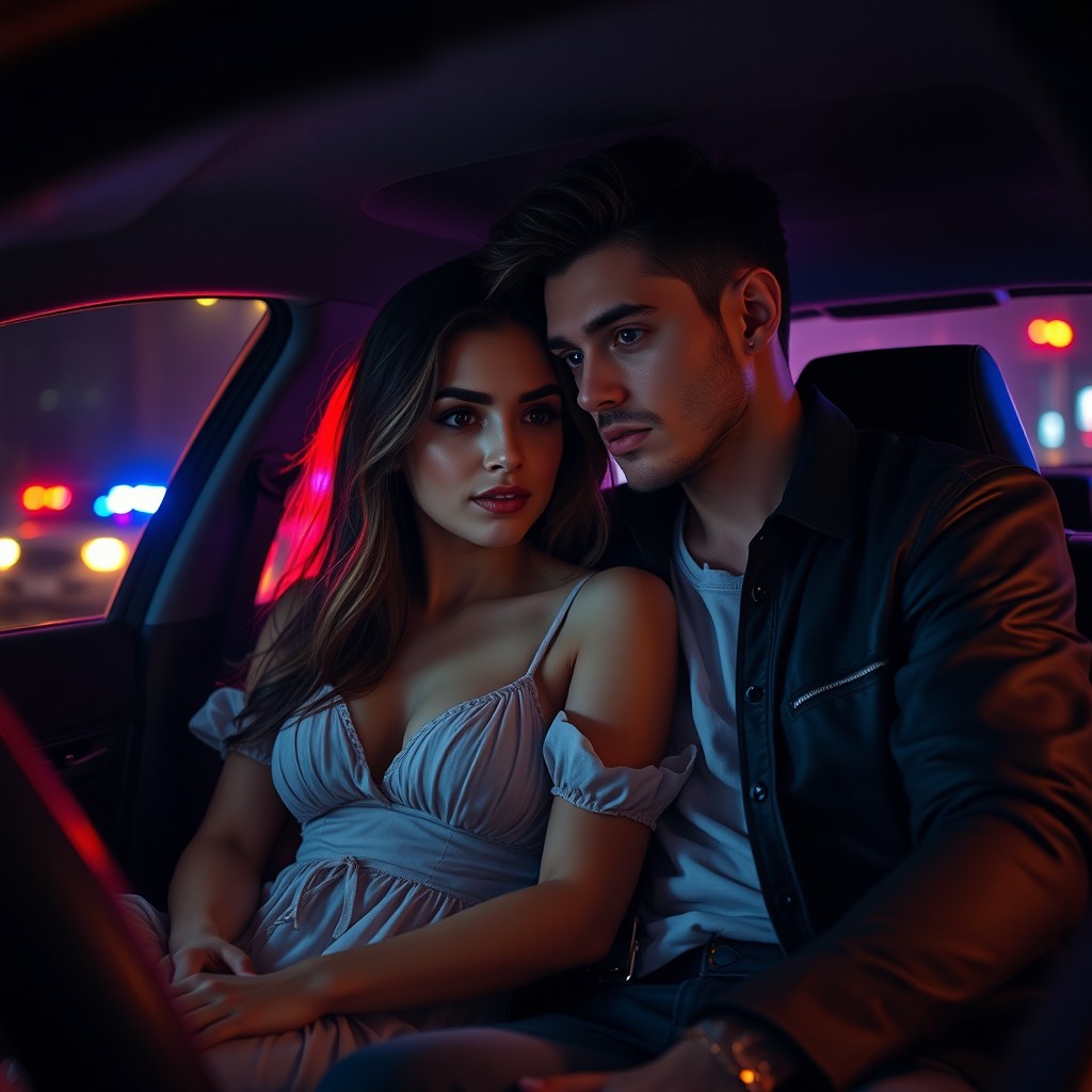 A cinematic scene depicting a handsome young couple inside a car, with the young woman in a slightly disheveled but stunning dress that reflects her struggles, while the young man appears equally attractive in casual chic attire
