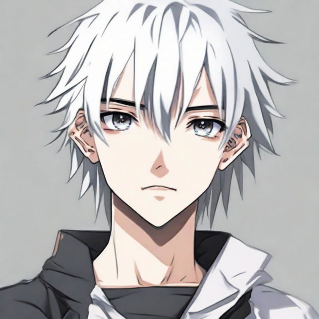 Anime-style 16/17 year old boy with half black, half white hair