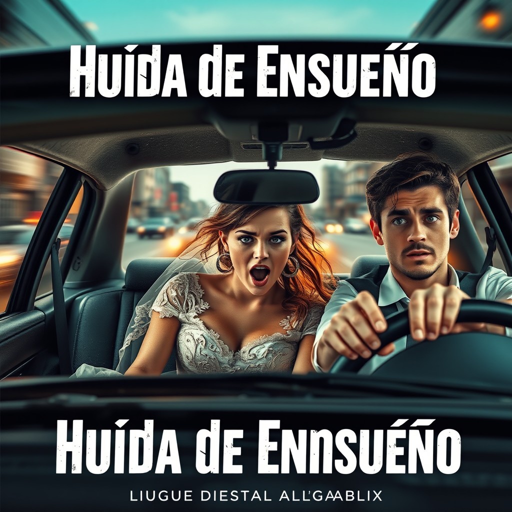 A thrilling book cover for 'Huida de Ensueño' by MelaBlix, featuring a scene where a young woman in a dusty, worn wedding dress is seated in a car, looking panicked yet determined