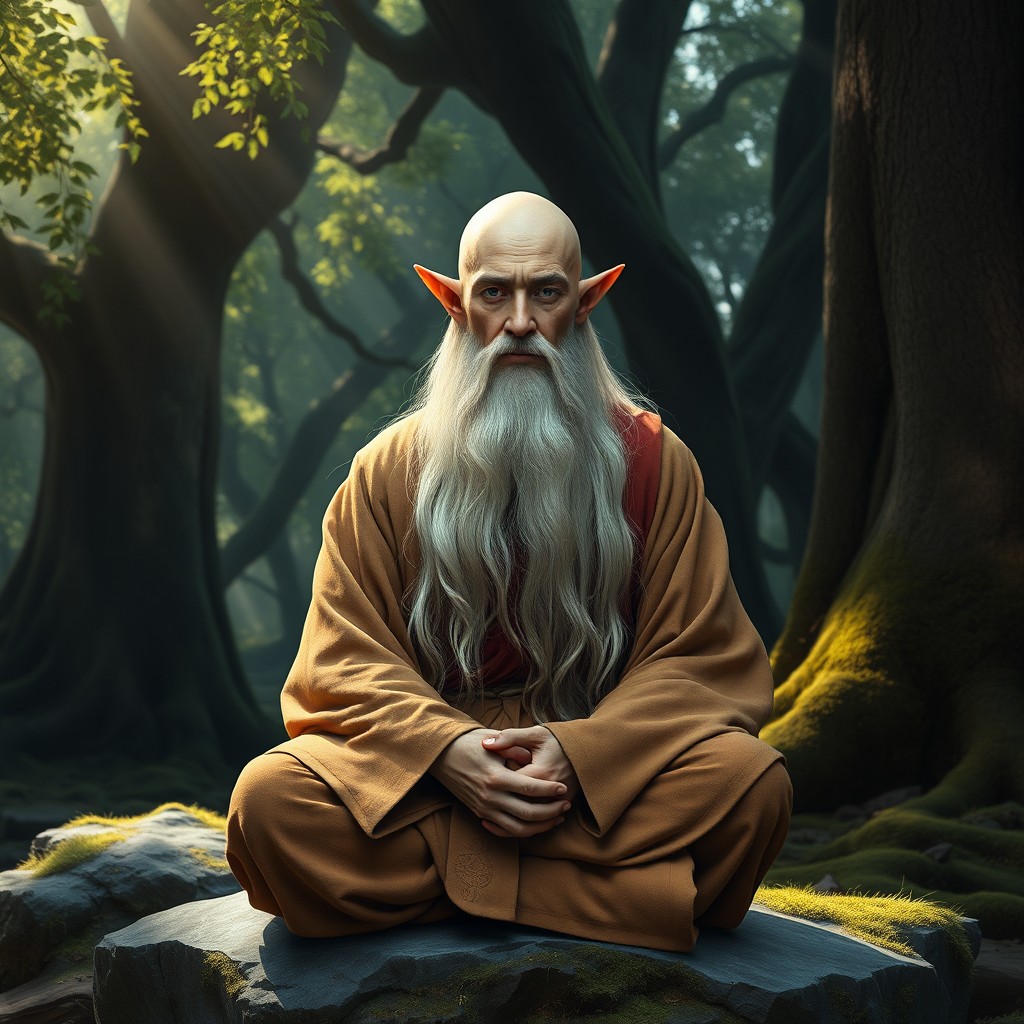 A serene and wise elf monk with a striking bald head and a long, flowing white beard
