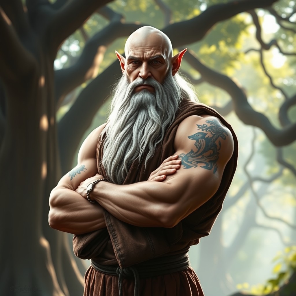 A powerful and muscular bald elf monk with a long white beard, wearing a traditional brown robe, showcasing his strength and wisdom