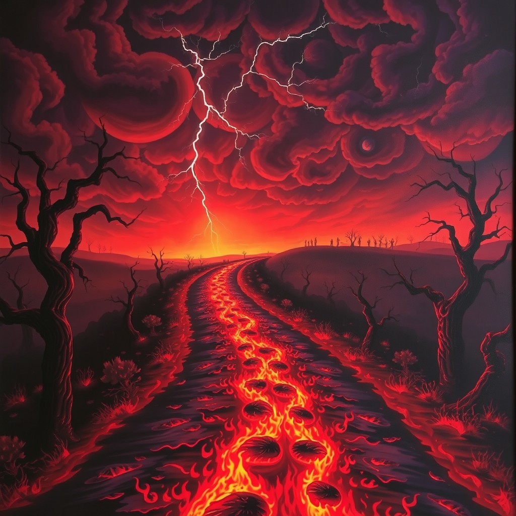 A surreal depiction of the road to hell, featuring a winding, flaming pathway that disappears into the horizon