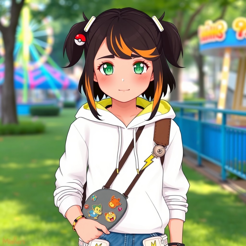 A young girl with shoulder-length dark brown hair featuring golden streaks in front, styled in twin ponytails secured with Poké Ball-shaped clips