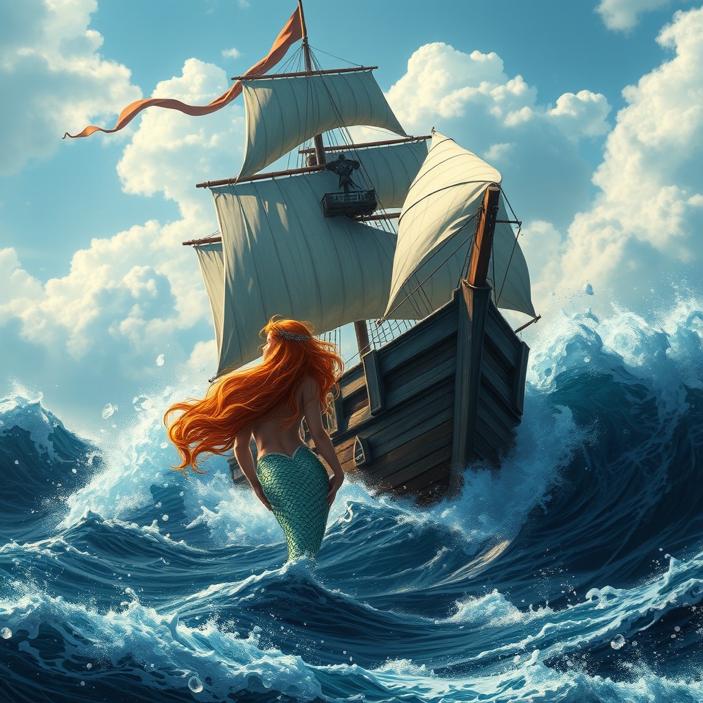 A majestic pirate ship bravely sailing through harsh, tumultuous waves, the ship's sails billowing in the strong wind