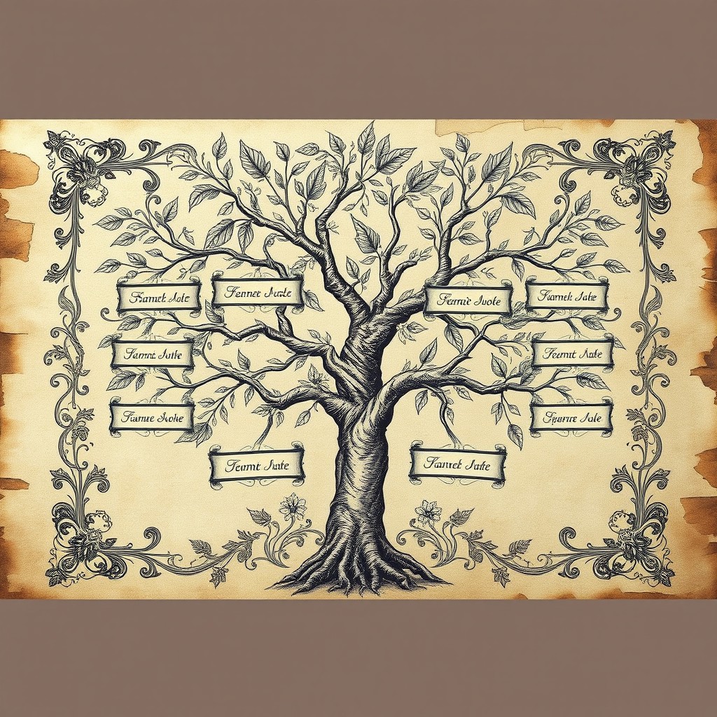 An antique style family tree sketch, featuring intricate branches intertwined with detailed leaves and vintage frames