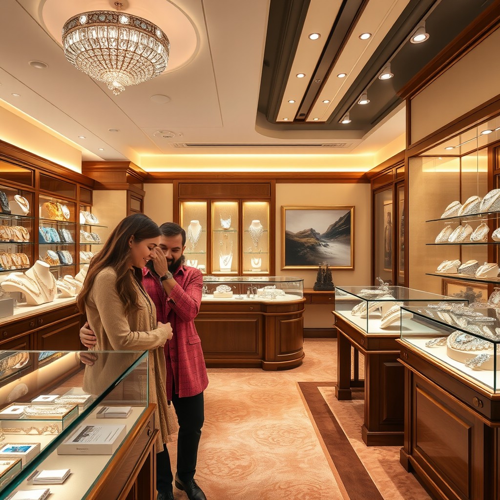 A luxurious jewelry store interior, showcasing elegant displays of sparkling gemstones, intricately designed gold and silver jewelry, and shining diamonds