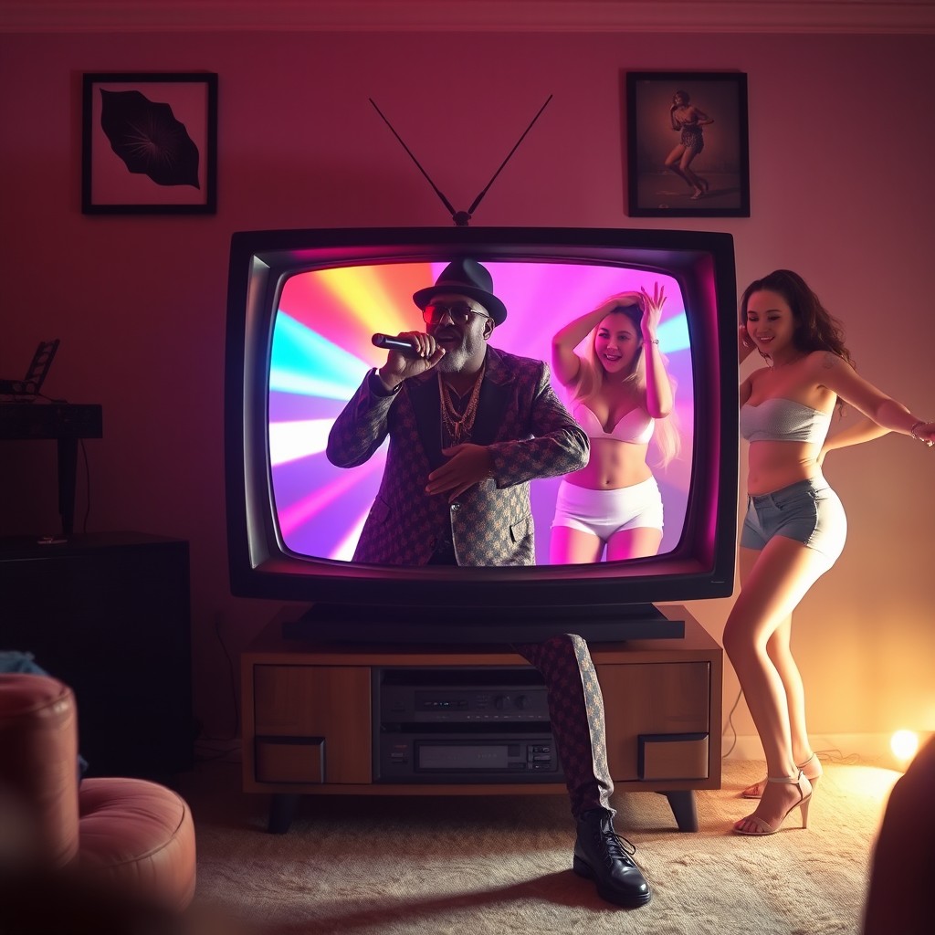 A stylish pimp singing inside a vintage television screen, surrounded by vibrant colors and dynamic visual effects
