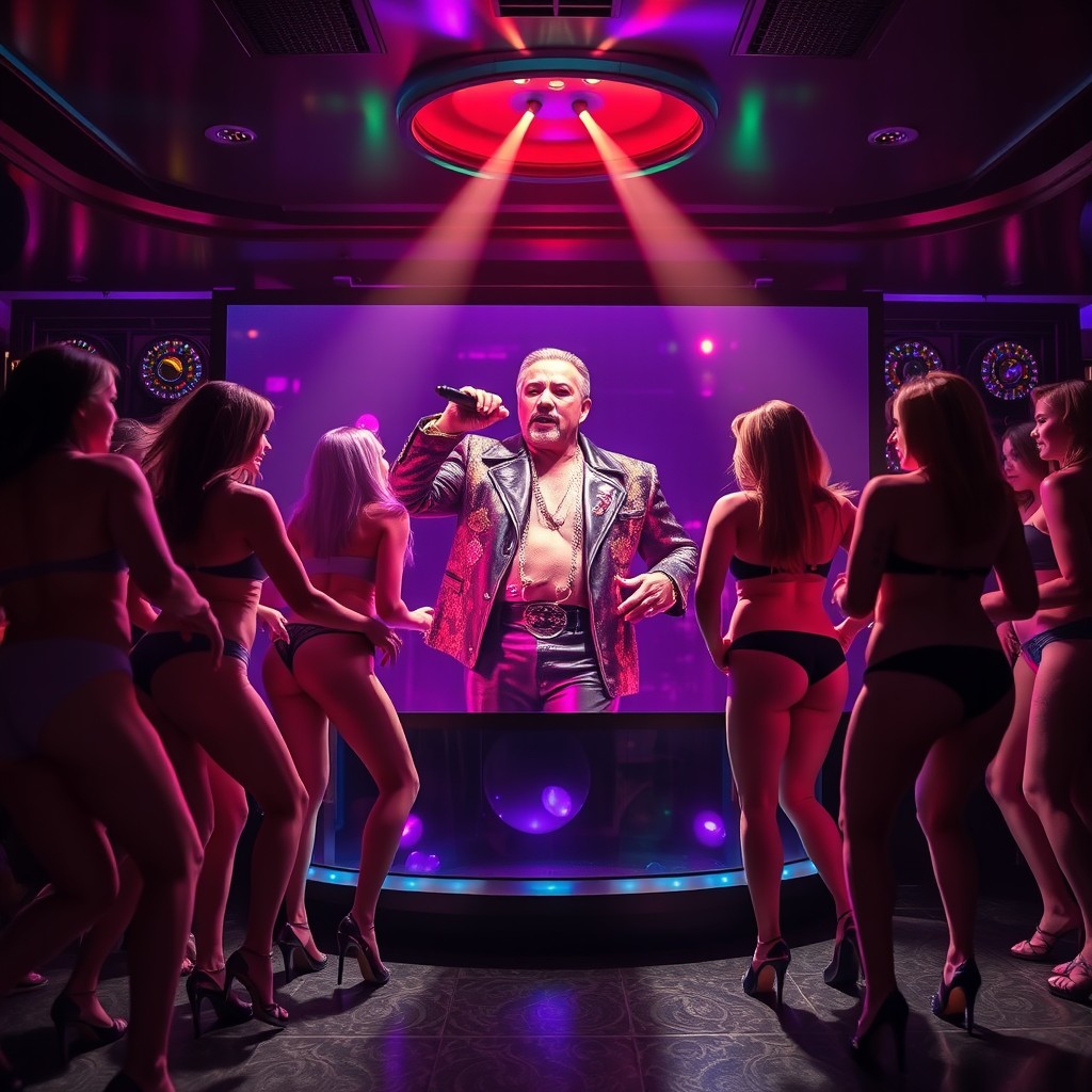 A flamboyant pimp singing inside a large plasma screen, surrounded by attractive women in mini shorts dancing with their hips in a dimly lit luxurious lounge