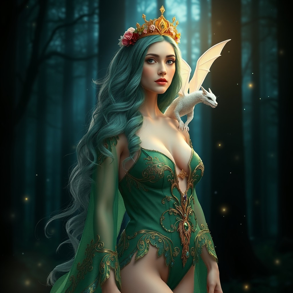 A hyper-detailed, photorealistic scene of a serene, ethereal woman standing in a glowing enchanted forest