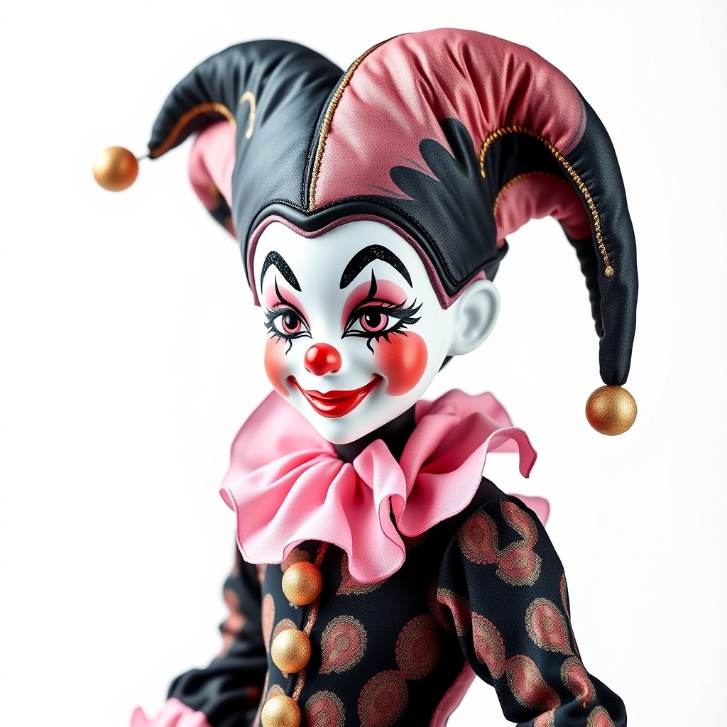 A stunning full-size, full-view image of a beautiful clown jester doll, centered against a pristine white background
