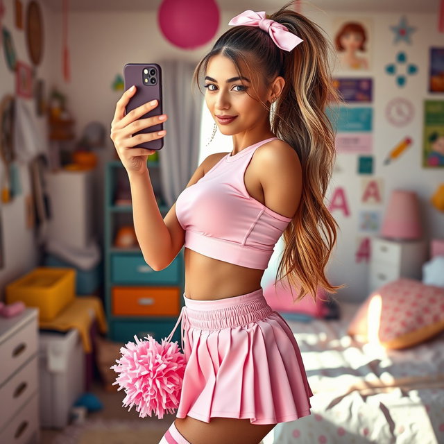 A stunning 18-year-old Arabic woman with a gorgeous thin and slender figure, featuring large breasts, a tiny waist, and very wide hips