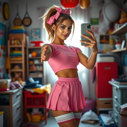 A stunning 18-year-old Arabic woman with a gorgeous thin and slender figure, featuring large breasts, a tiny waist, and very wide hips