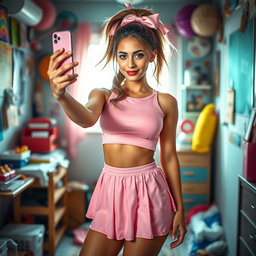 A stunning 18-year-old Arabic woman with a gorgeous thin and slender figure, featuring large breasts, a tiny waist, and very wide hips