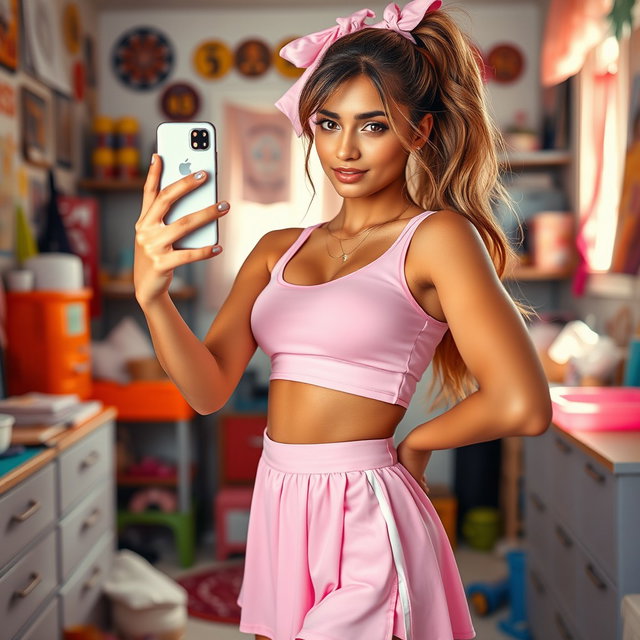 A stunning 18-year-old Arabic woman with a gorgeous thin and slender figure, featuring large breasts, a tiny waist, and very wide hips