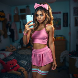 A stunning 18-year-old Arabic woman with a gorgeous thin and slender figure, showcasing large breasts, a tiny waist, and very wide hips