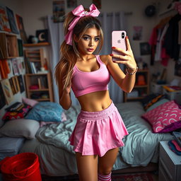 A stunning 18-year-old Arabic woman with a gorgeous thin and slender figure, featuring large breasts, a tiny waist, and very wide hips