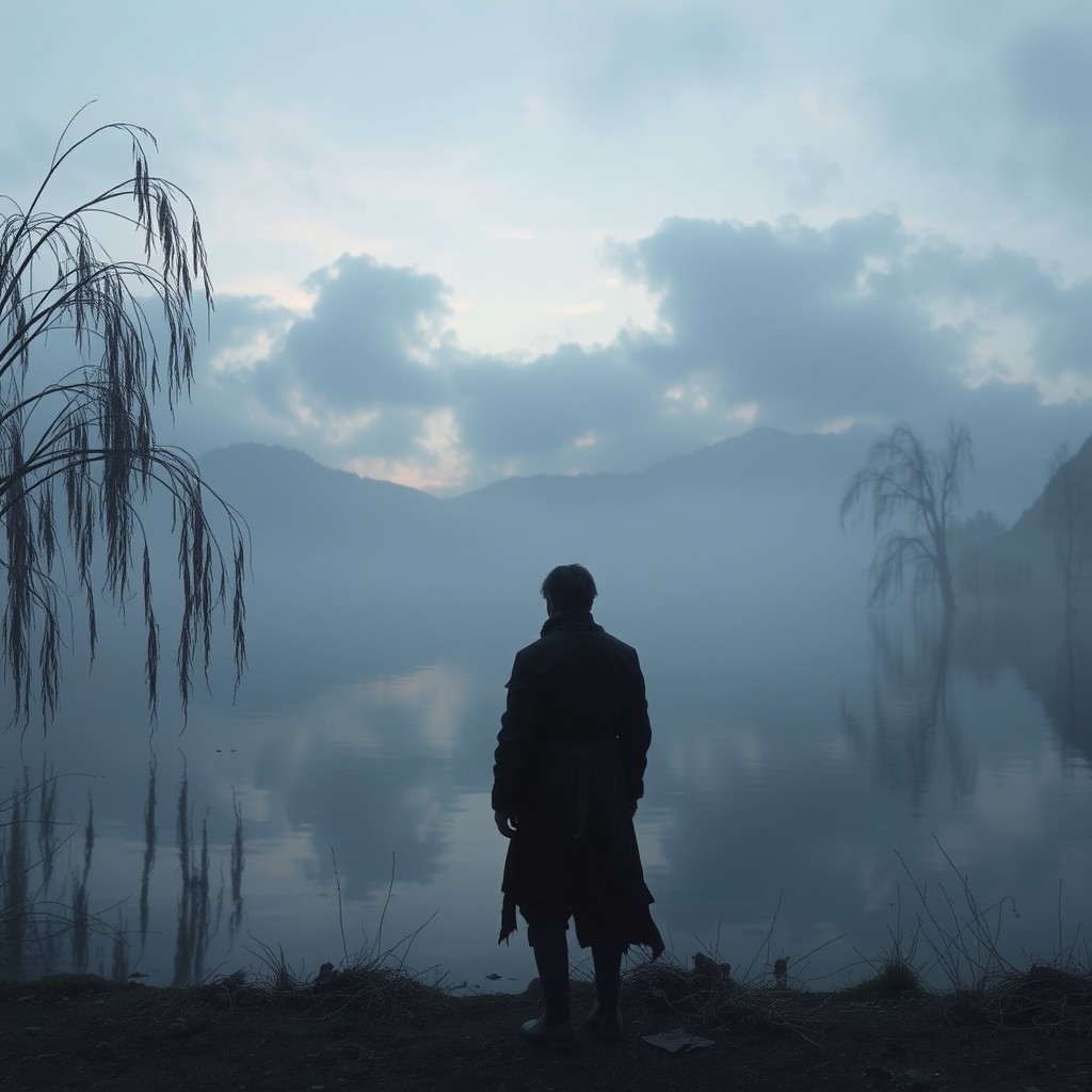 Unhappiness the Way of Sorrow - a melancholic scene depicting a solitary figure standing by a misty lake at dusk, surrounded by fog and silence