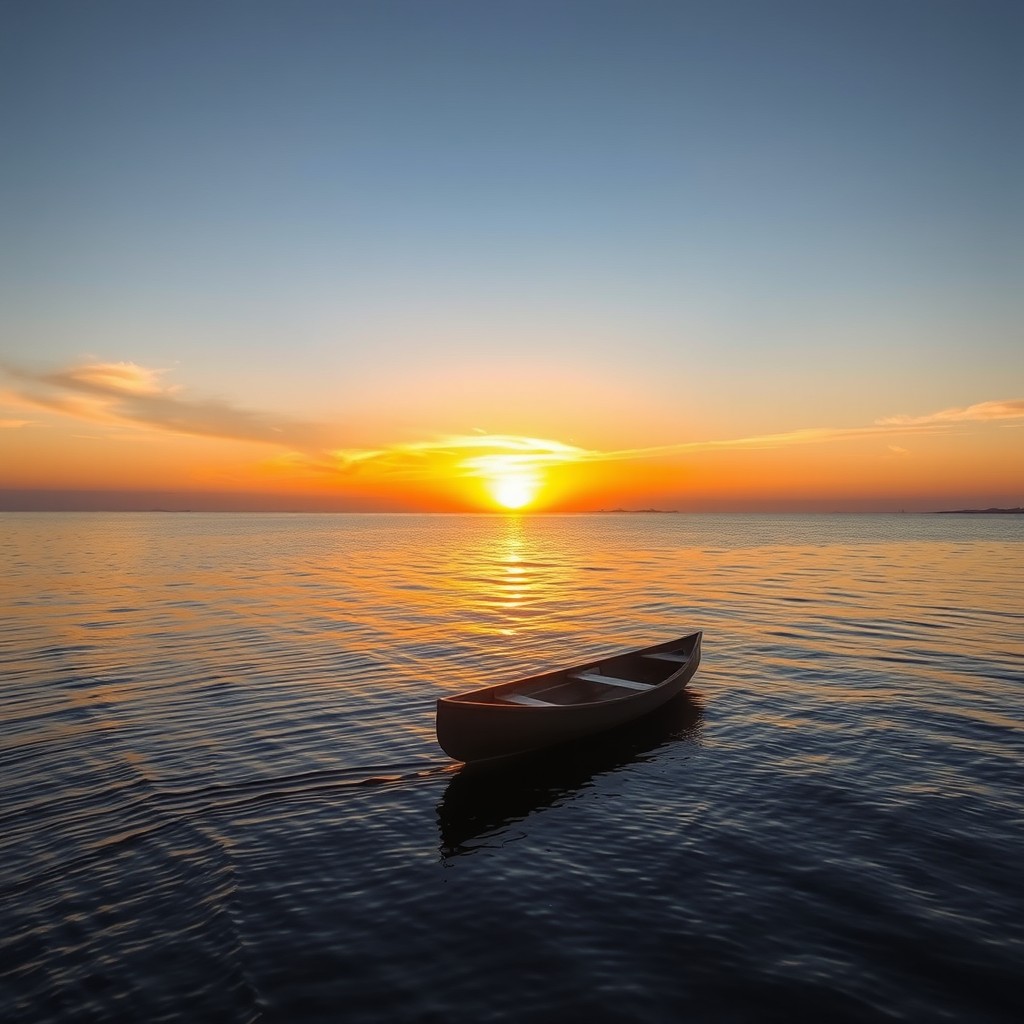 A small canoe gently floating on a calm sea, with a stunning sunrise in the background casting warm golden and orange hues across the sky and reflecting on the water's surface