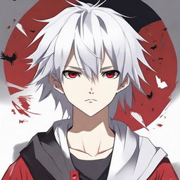 Anime-style 16/17 year old boy with half black, half white hair, one red eye and one white eye