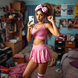 A gorgeous 18-year-old Arabic woman with a stunning thin and slender figure, featuring large breasts, a tiny waist, and very wide hips