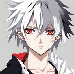 Anime-style 16/17 year old boy with half black, half white hair, one red eye and one white eye