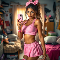 A gorgeous 18-year-old Arabic woman with a strikingly thin and slender figure, highlighting large breasts, a tiny waist, and very wide hips