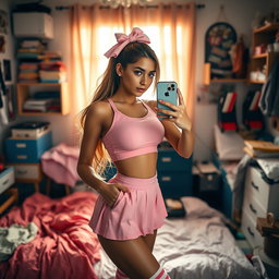 A gorgeous 18-year-old Arabic woman with a strikingly thin figure, characterized by large breasts, a tiny waist, and very wide hips