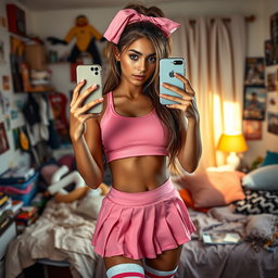 A gorgeous 18-year-old Arabic woman with a strikingly thin figure, characterized by large breasts, a tiny waist, and very wide hips