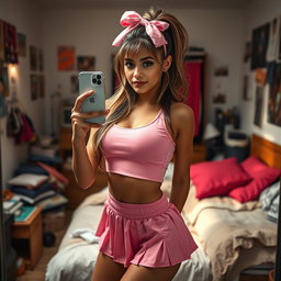 A gorgeous 18-year-old Arabic woman with a strikingly thin figure, characterized by large breasts, a tiny waist, and very wide hips