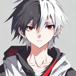 Anime-style 16/17 year old boy with half black, half white hair, one red eye and one white eye