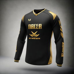 A sleek and simple full-sleeved e-sports jersey featuring a stark black base colour contrasted by striking gold accents and emblazoned with the name 'Team Maxtern' in bold letters.