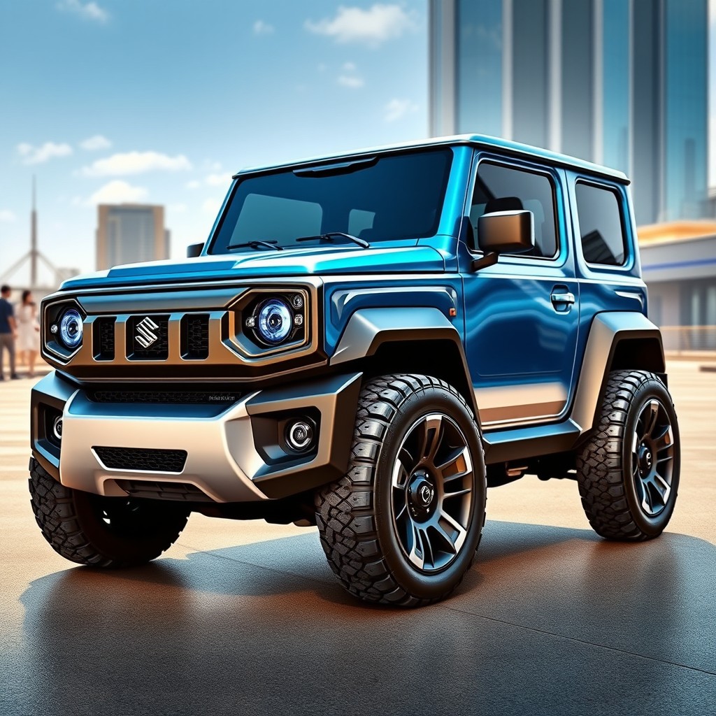 A futuristic concept car inspired by the Suzuki Jimny, showcasing a sleek and compact design with bold lines and a modern aesthetic