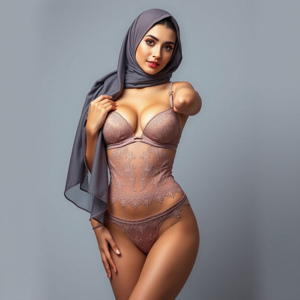 A full-body portrait of a Persian woman gracefully posing in elegant lingerie while wearing a stylish hijab