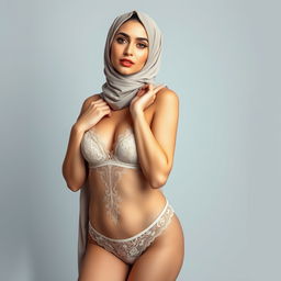 A full-body portrait of a Persian woman gracefully posing in elegant lingerie while wearing a stylish hijab