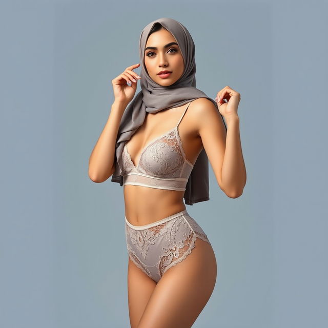 A full-body portrait of a Persian woman gracefully posing in elegant lingerie while wearing a stylish hijab