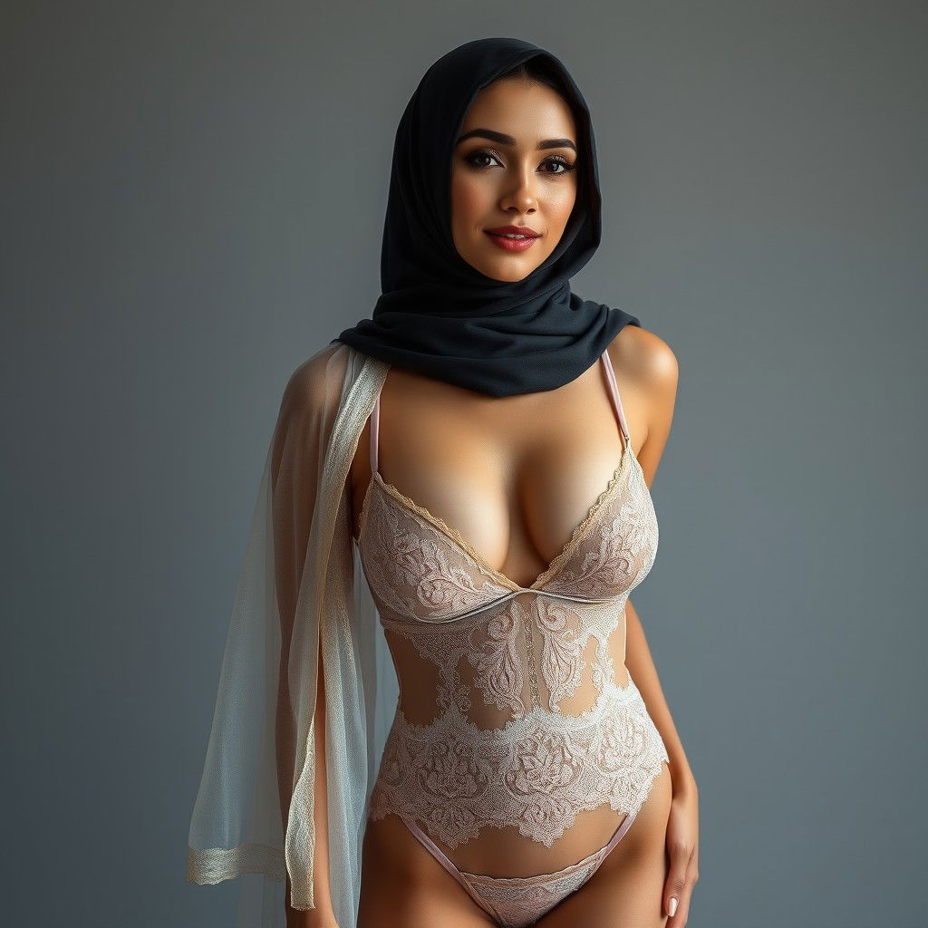 A full-body portrait of a Persian woman elegantly dressed in beautiful lingerie while wearing a stylish hijab