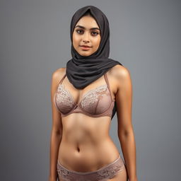A full-body portrait of a Persian woman elegantly dressed in beautiful lingerie while wearing a stylish hijab