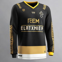 A sleek and simple full-sleeved e-sports jersey featuring a stark black base colour contrasted by striking gold accents and emblazoned with the name 'Team Maxtern' in bold letters.