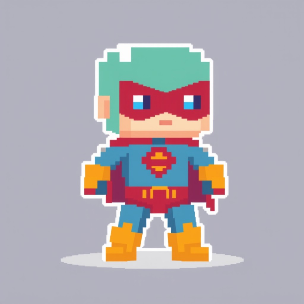 A pixelated superhero character designed with a small number of pixels, showcasing a simplified and blocky appearance