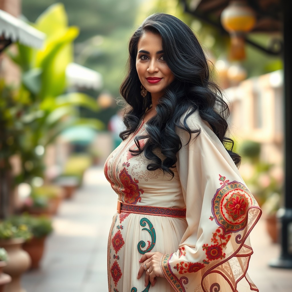 A 52-year-old white Arab woman with beautiful black hair, showcasing her curvy figure, wearing an elegant, flowing dress that highlights her femininity
