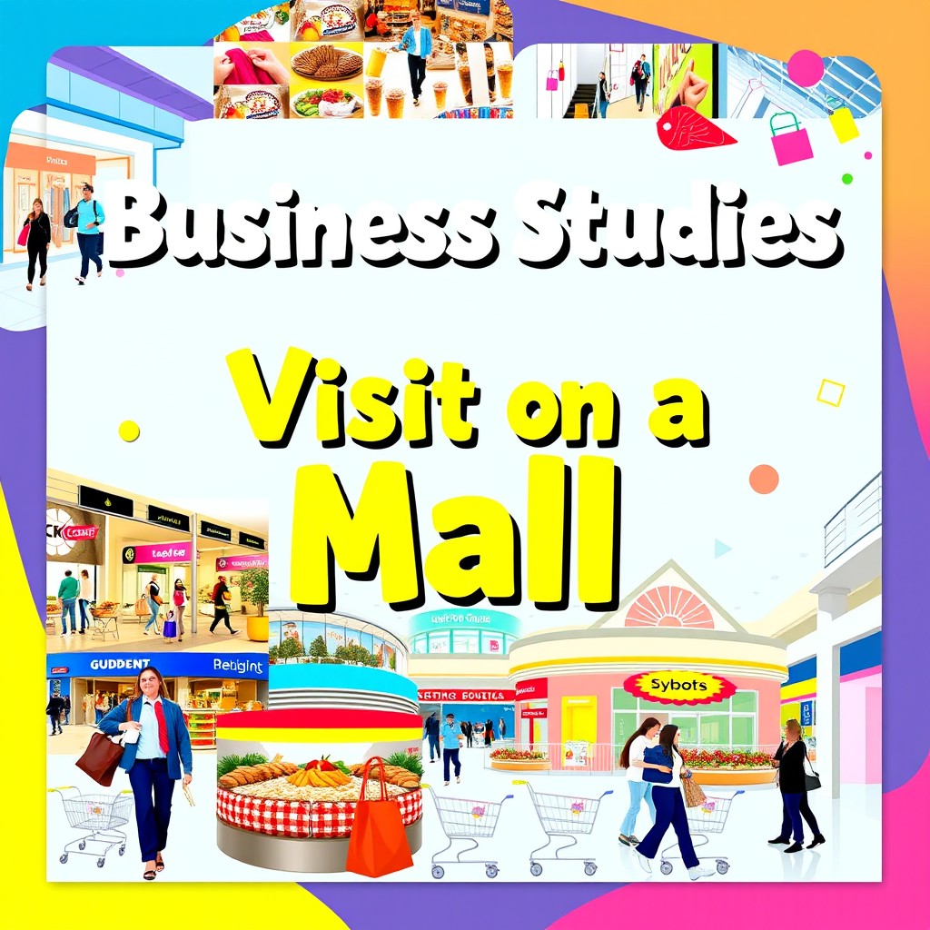 A vibrant and eye-catching front page for a business studies project focused on a visit to a mall