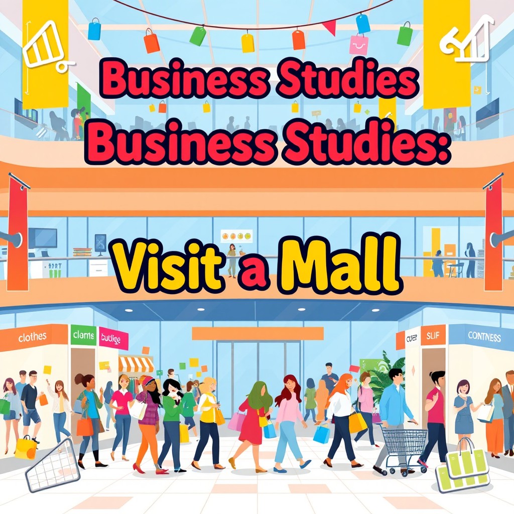 A vibrant and colorful front page for a business studies project about a visit to a shopping mall