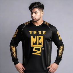 A sleek and simple full-sleeved e-sports jersey featuring a stark black base colour contrasted by striking gold accents and emblazoned with the name 'Team Maxtern' in bold letters.