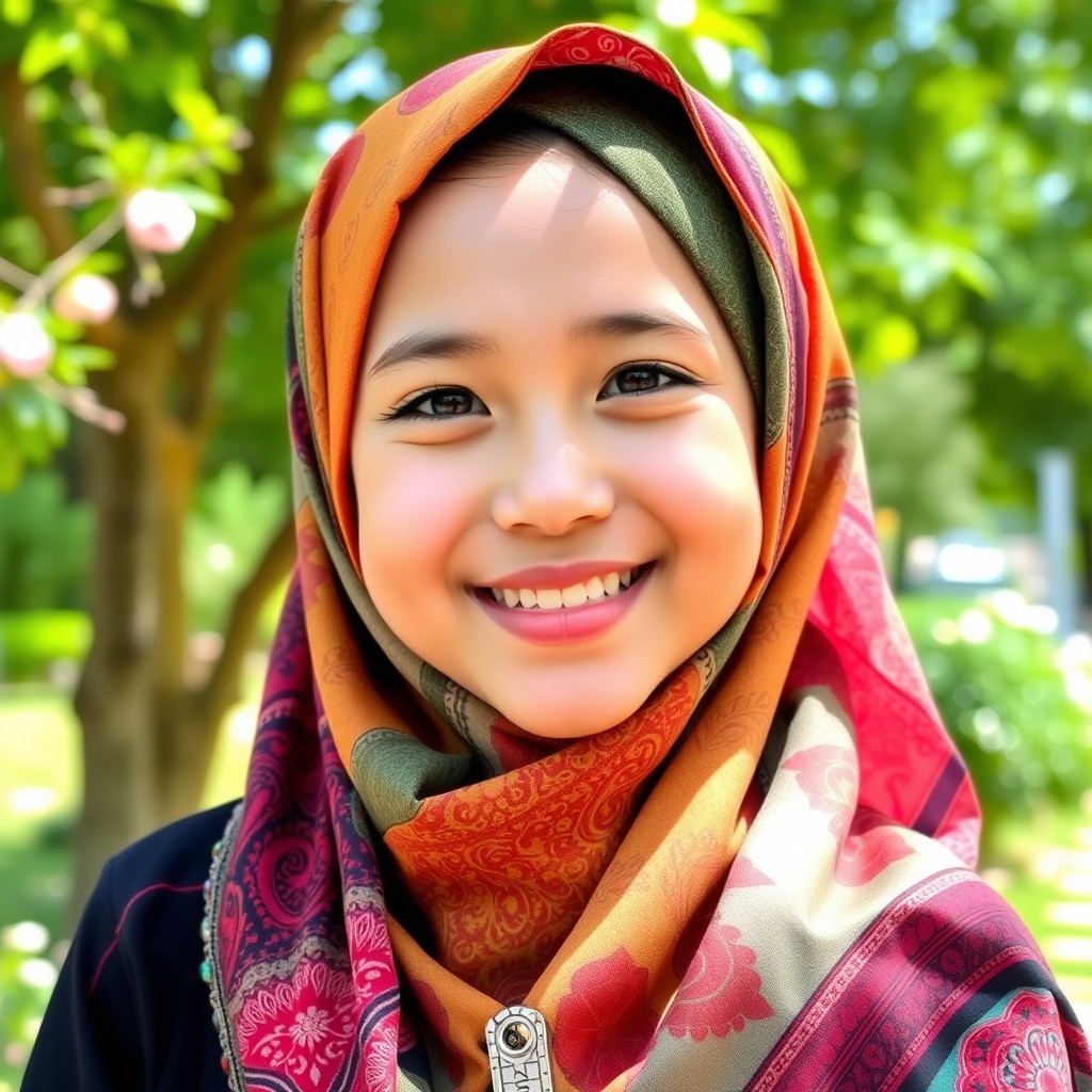 An Indonesian girl wearing a colorful hijab, adorned with intricate patterns, smiling warmly